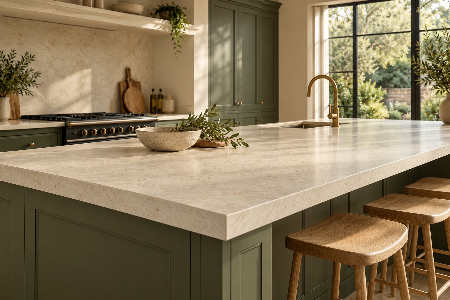 A warm kitchen with a pale stone-effect worktop, sage cabinetry and brass details